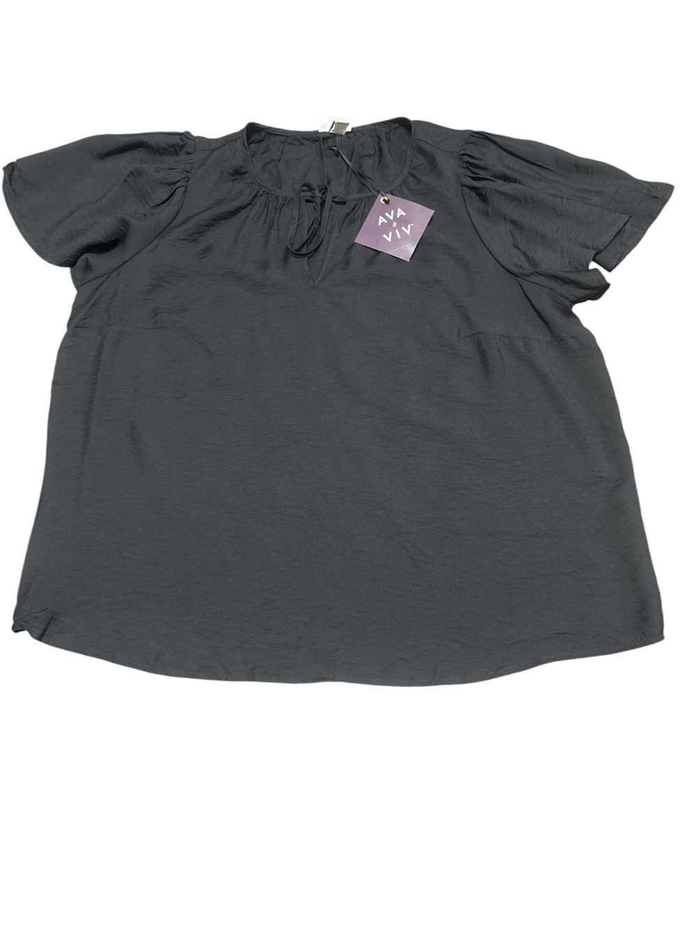 Ava & Viv Black Short-Sleeve Tie-Neck Blouse